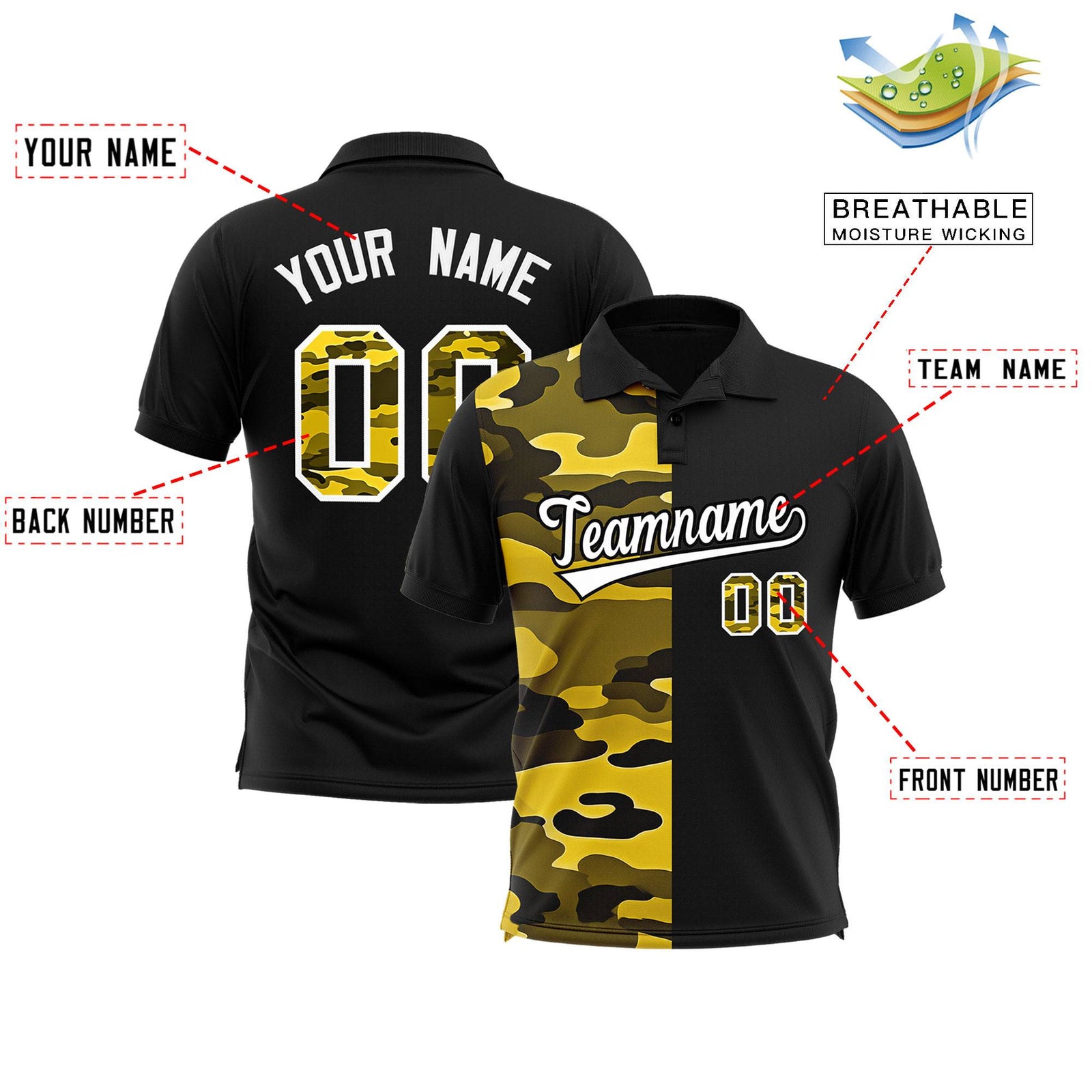 Custom Black Camo Split Fashion Authentic Performance Polo Shirt