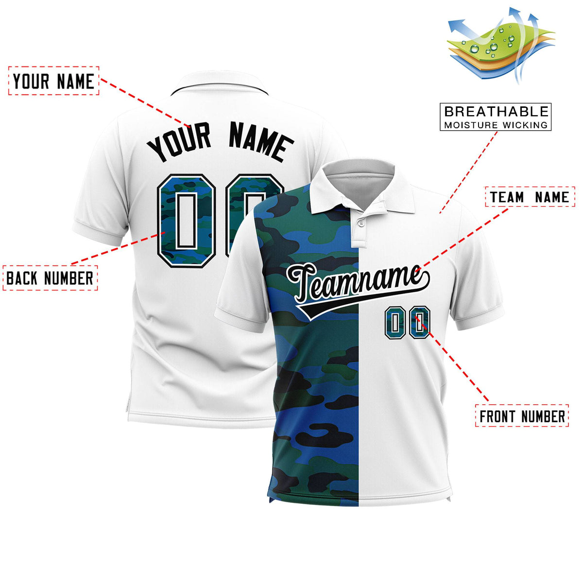 Custom White Camo Split Fashion Authentic Performance Polo Shirt