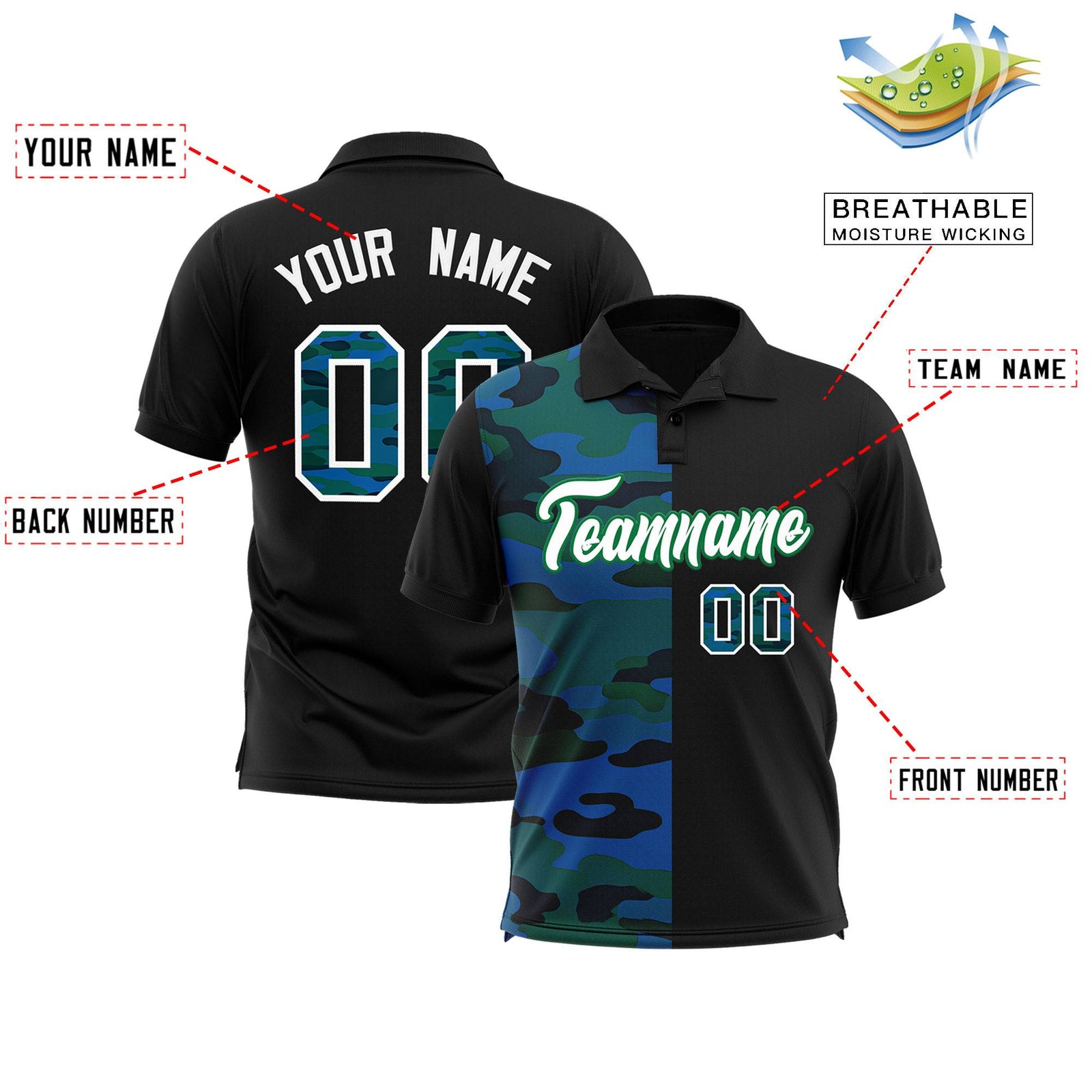 Custom Black Camo Split Fashion Authentic Performance Polo Shirt