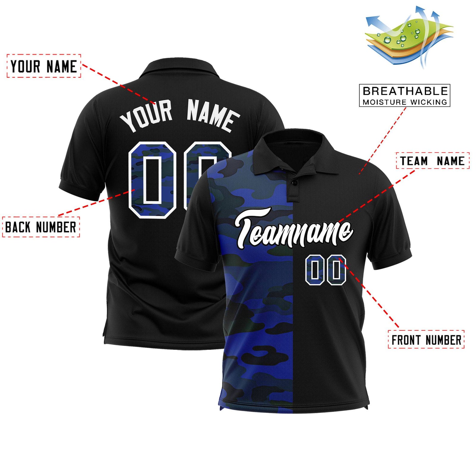 Custom Black Camo Split Fashion Authentic Performance Polo Shirt