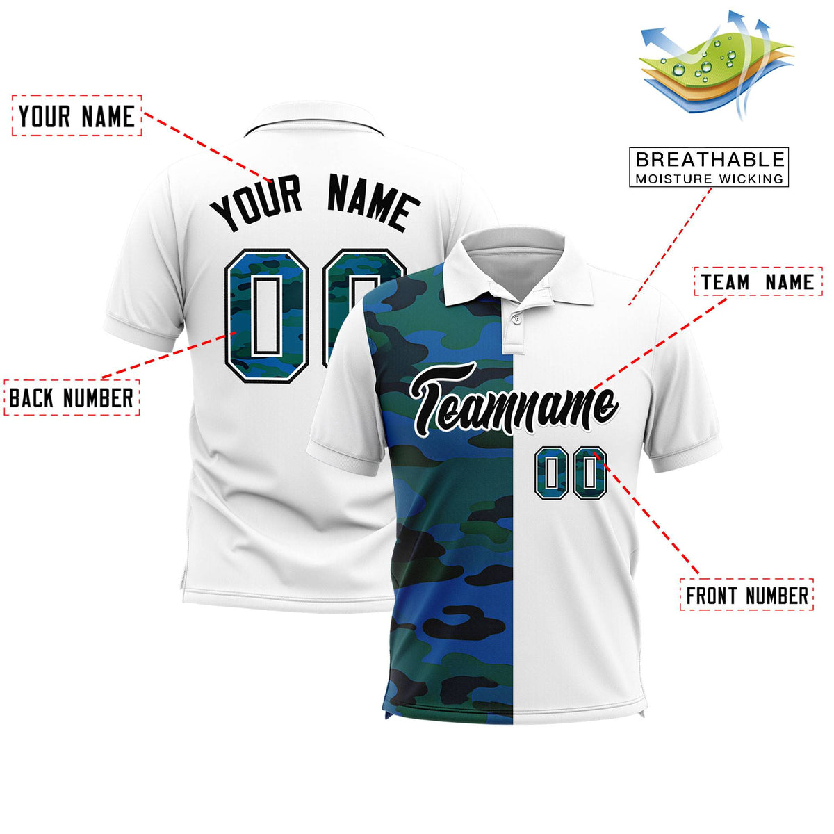 Custom White Camo Split Fashion Authentic Performance Polo Shirt