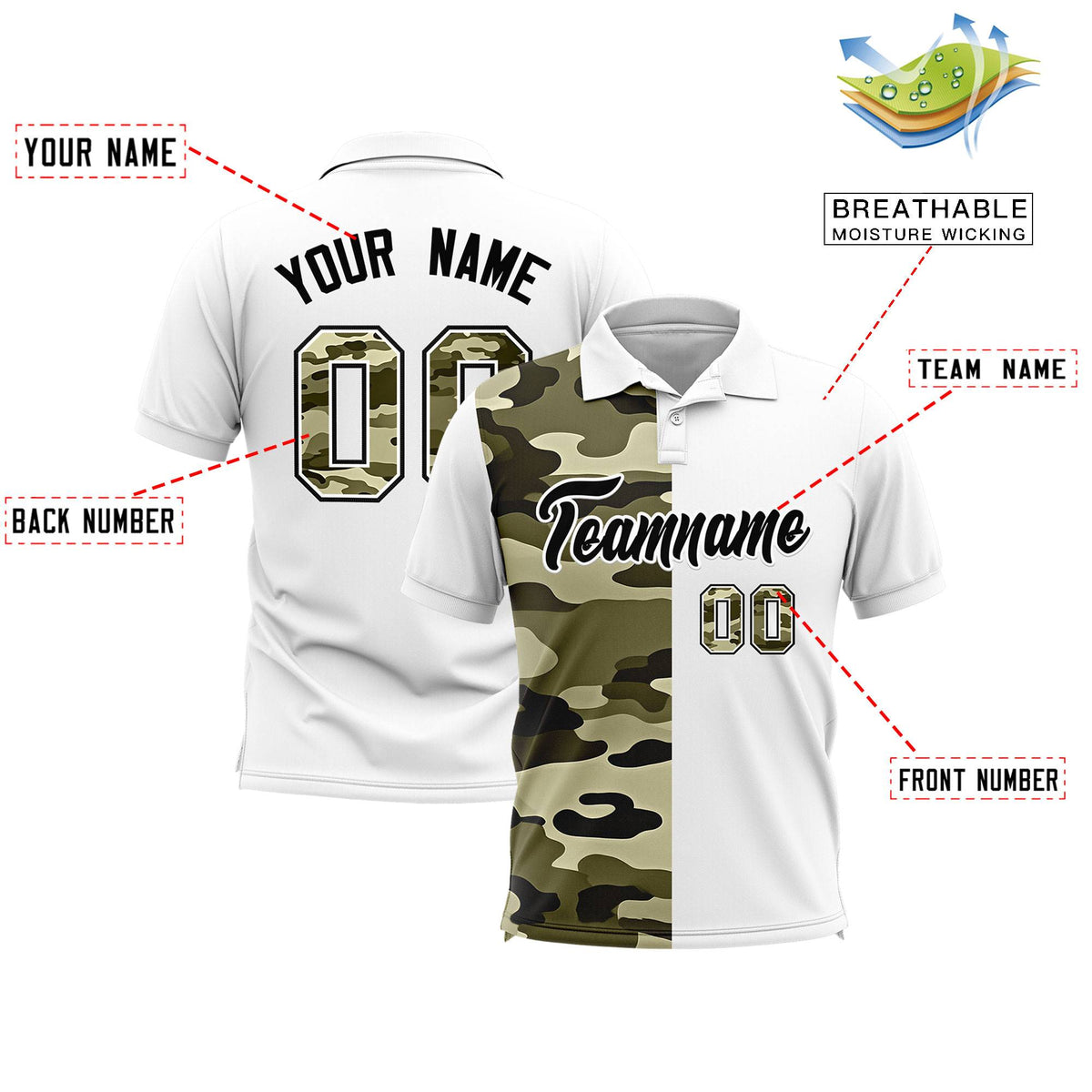 Custom White Camo Split Fashion Authentic Performance Polo Shirt