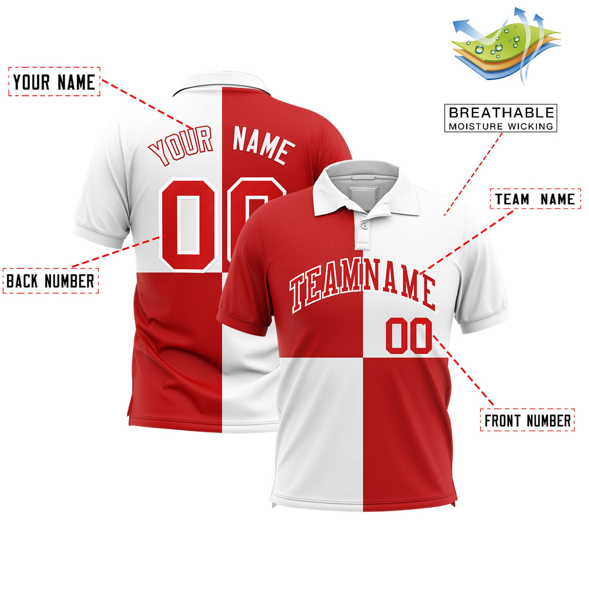 Custom White Red Four Squares Design Performance Polo Shirt