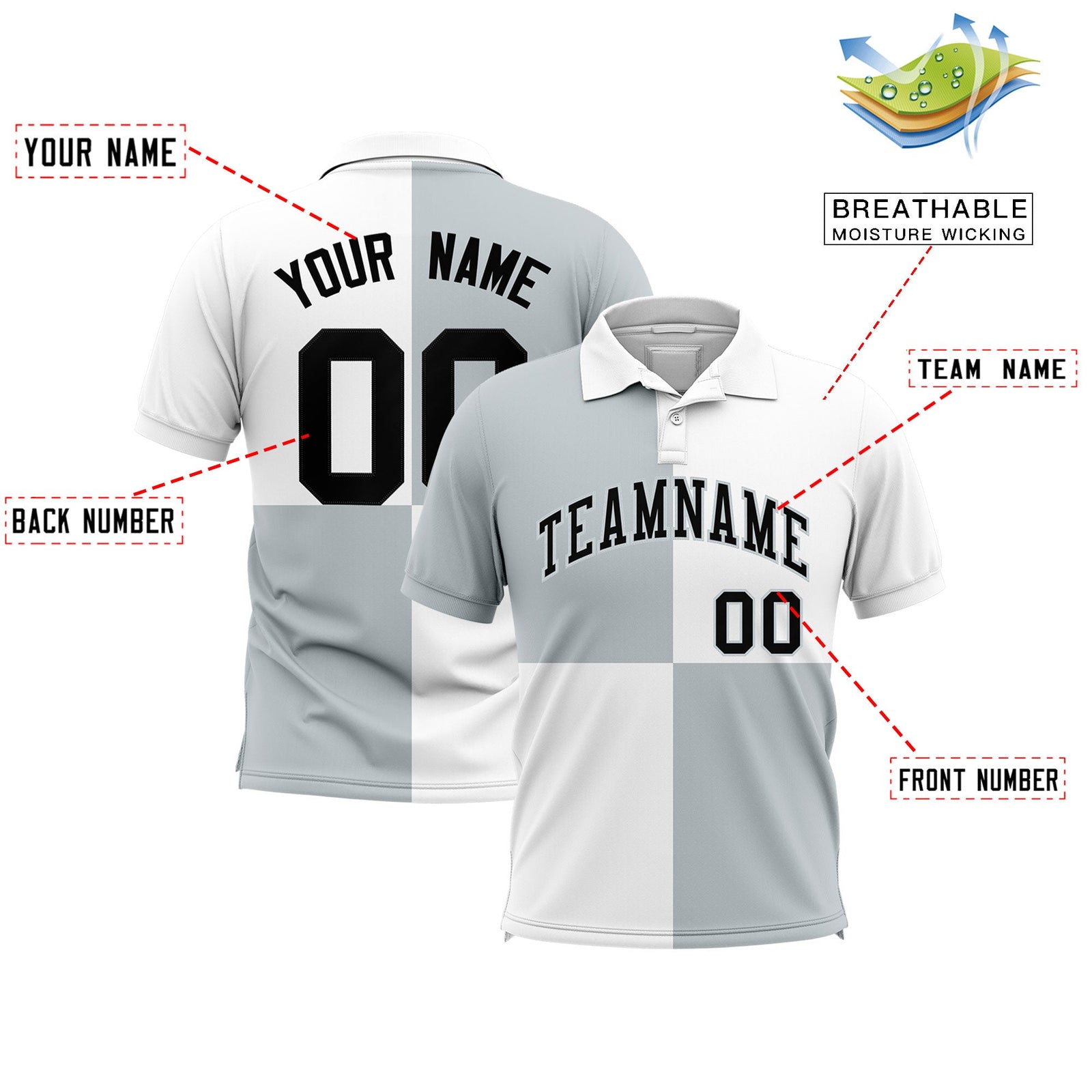 Custom Silver White Four Squares Design Performance Polo Shirt