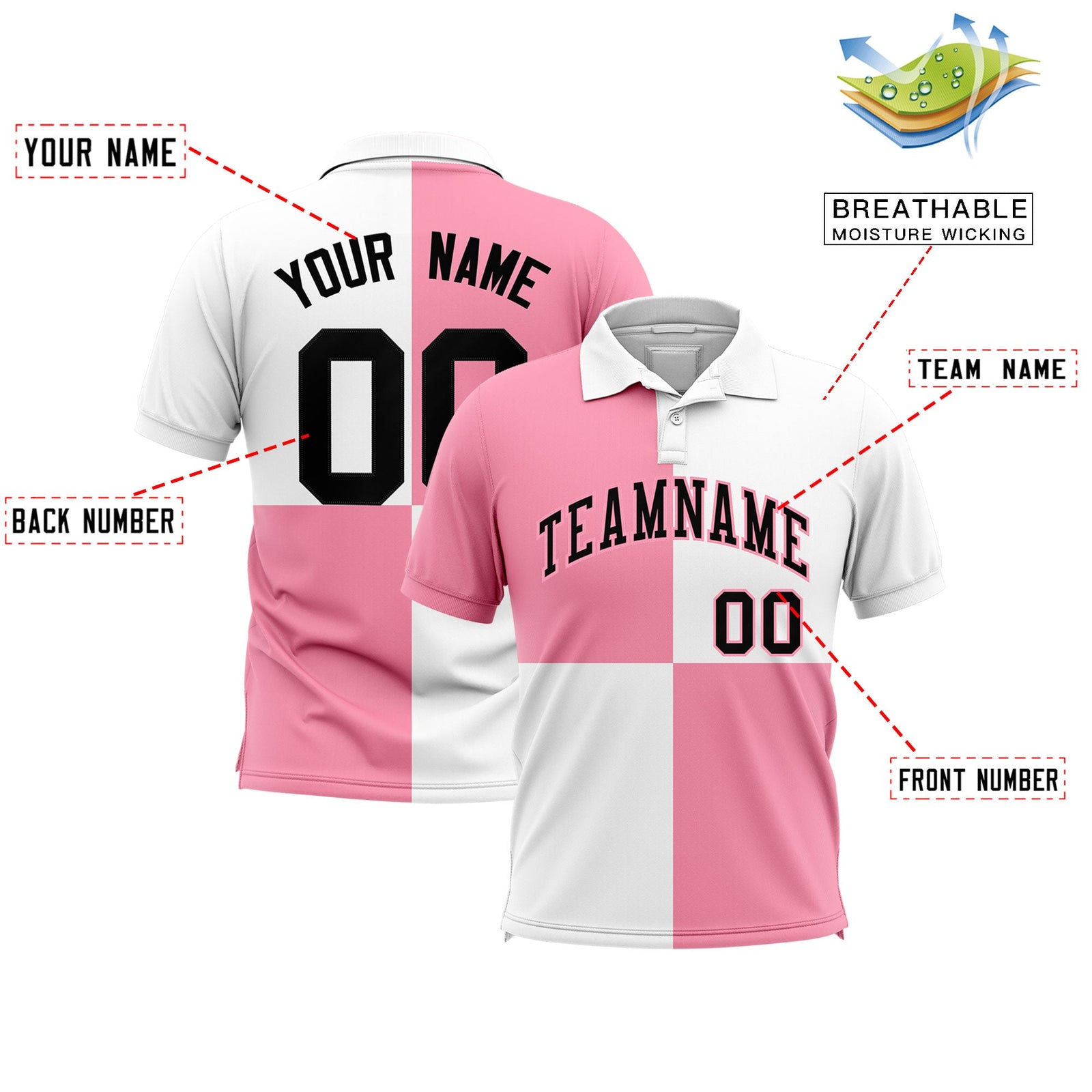 Custom Light Pink White Four Squares Design Performance Polo Shirt