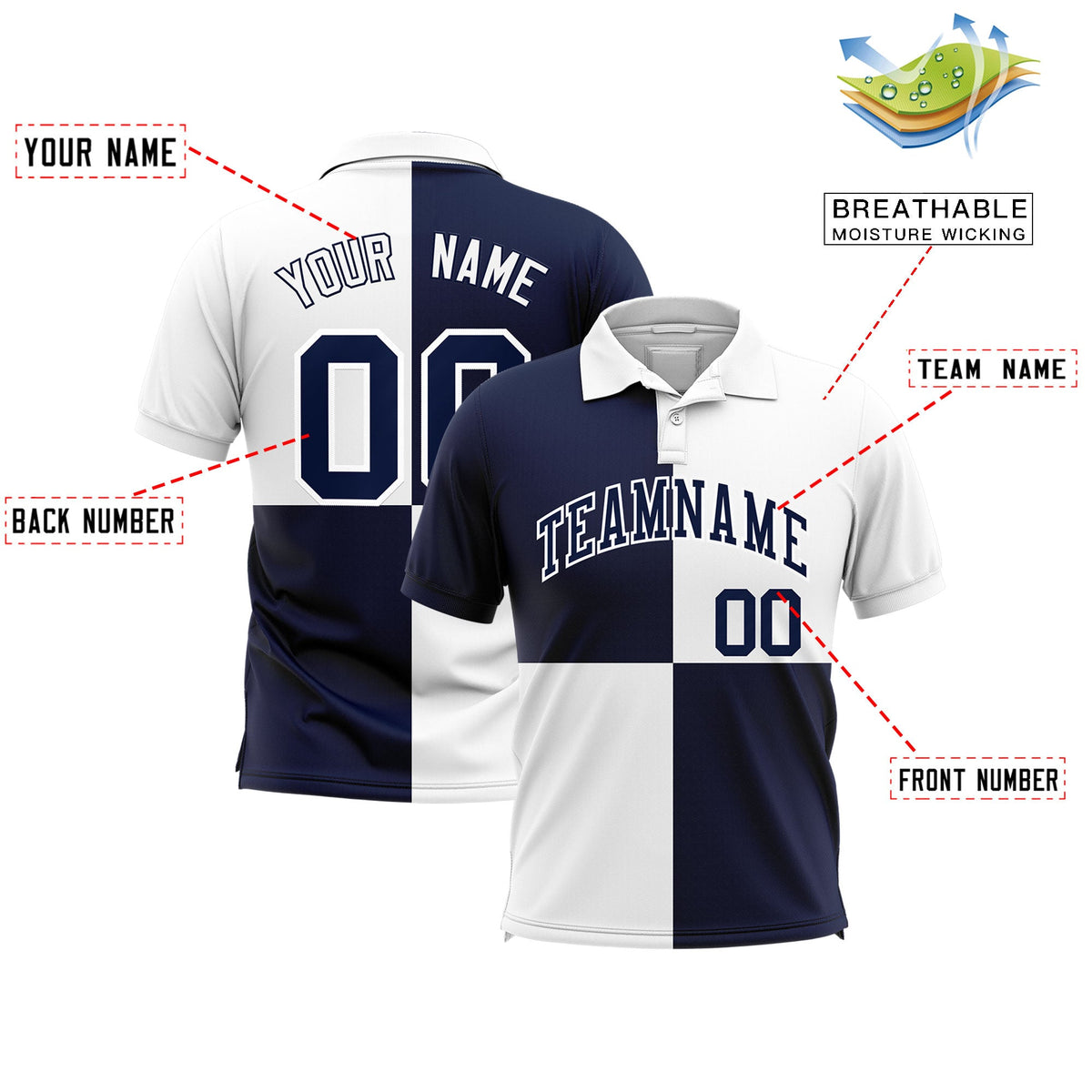 Custom Navy White Four Squares Design Performance Polo Shirt