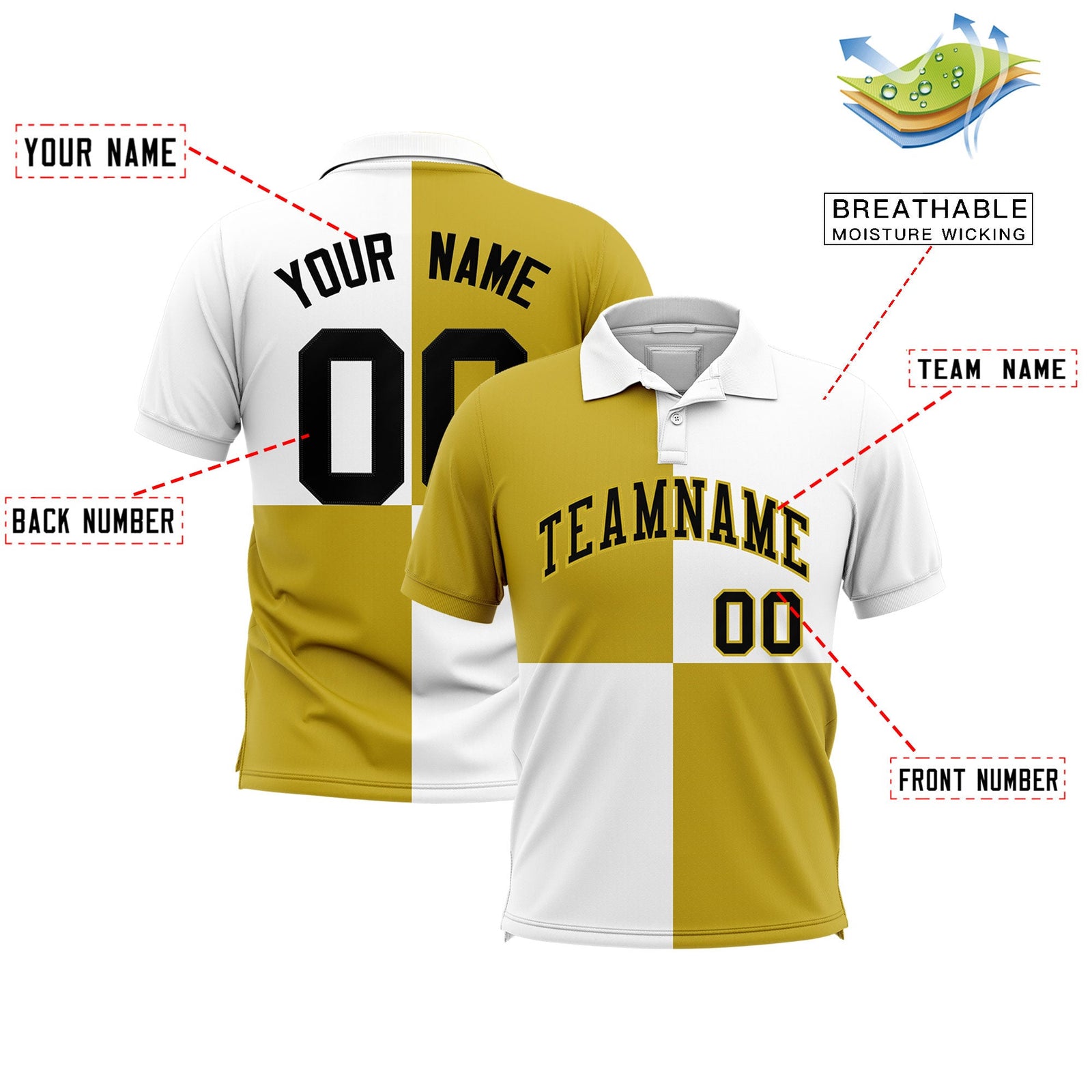 Custom Old Gold White Four Squares Design Performance Polo Shirt