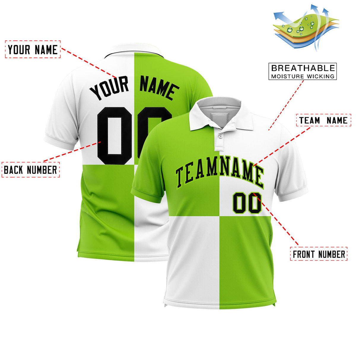 Custom Neon Green White Four Squares Design Performance Polo Shirt