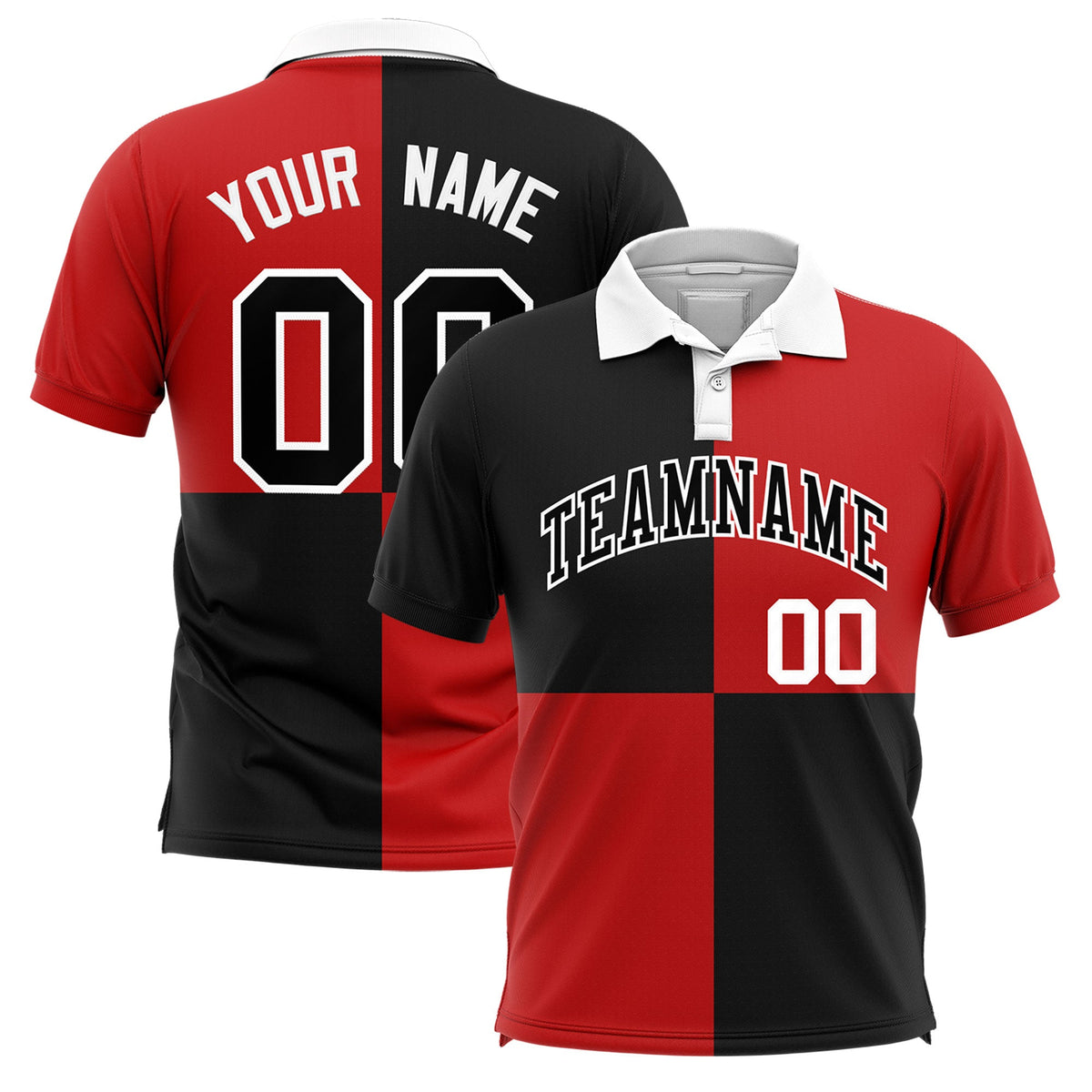 Custom Black Red Four Squares Design Performance Polo Shirt