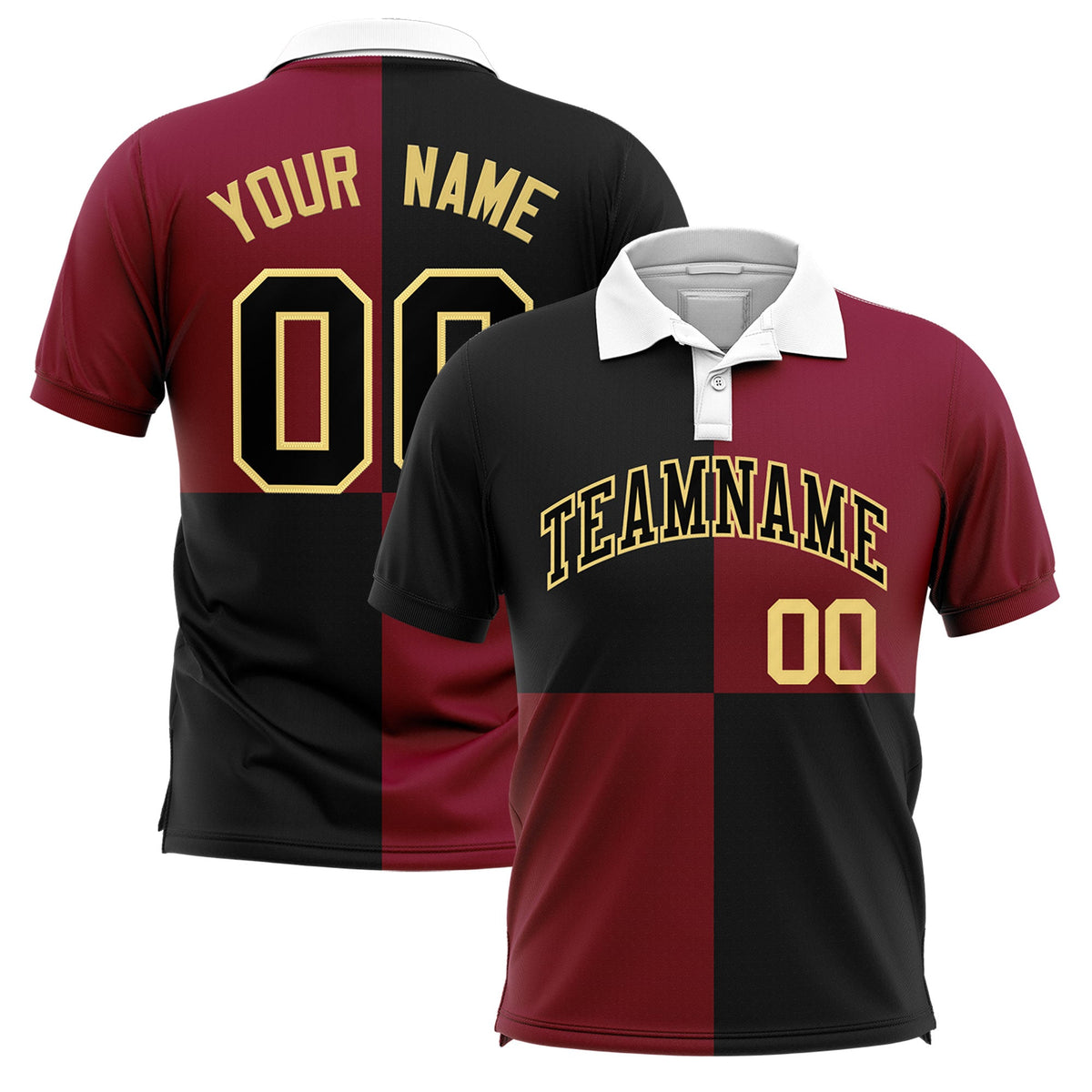 Custom Black Crimson Four Squares Design Performance Polo Shirt