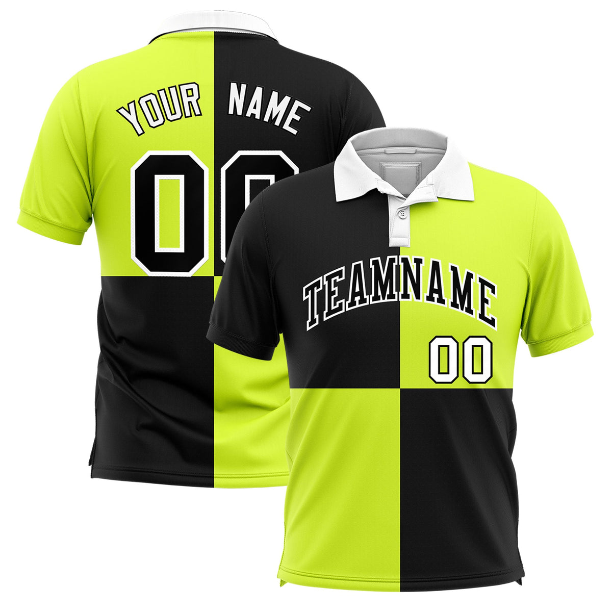 Custom Black Fluorescent Green Four Squares Design Performance Polo Shirt