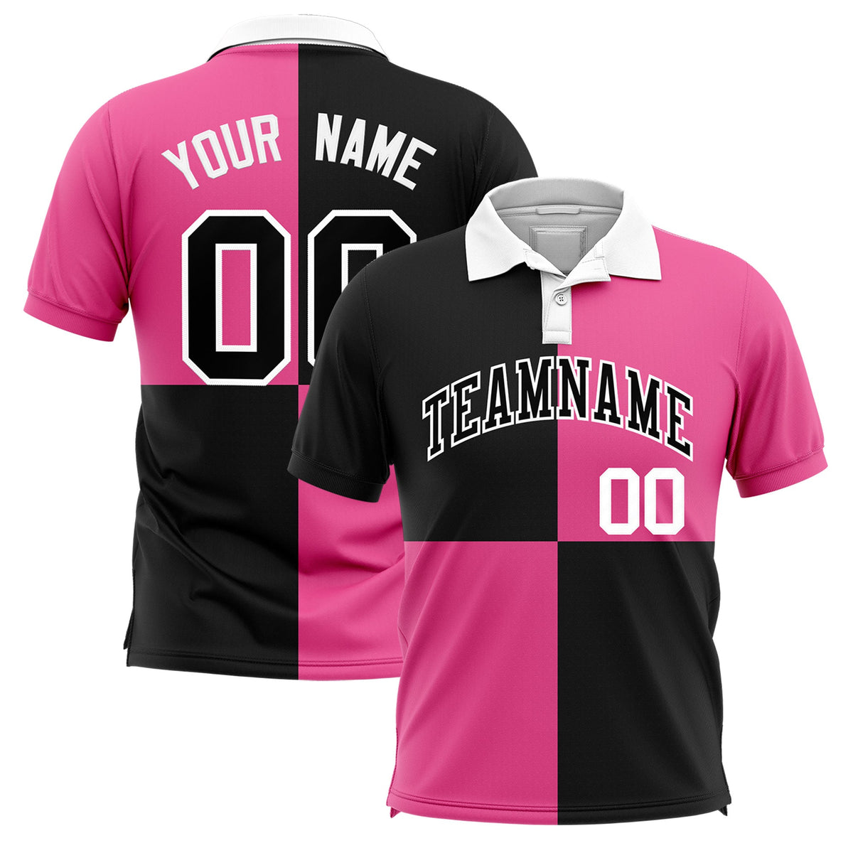 Custom Black Pink Four Squares Design Performance Polo Shirt