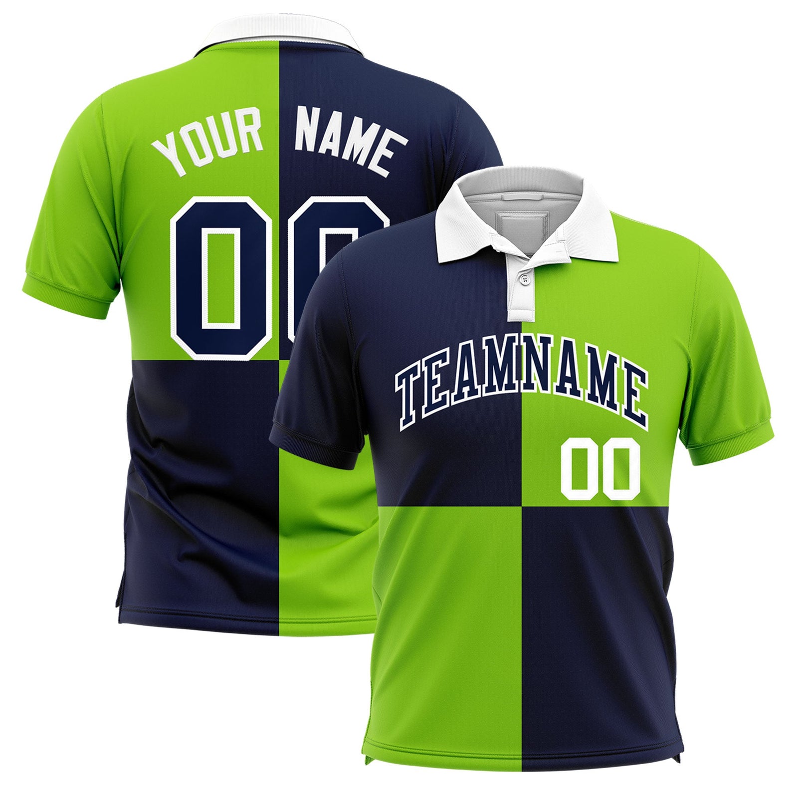 Custom Navy Neon Green Four Squares Design Performance Polo Shirt