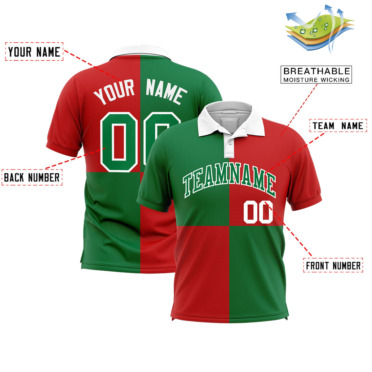 Custom Kelly Green Red Four Squares Design Performance Polo Shirt