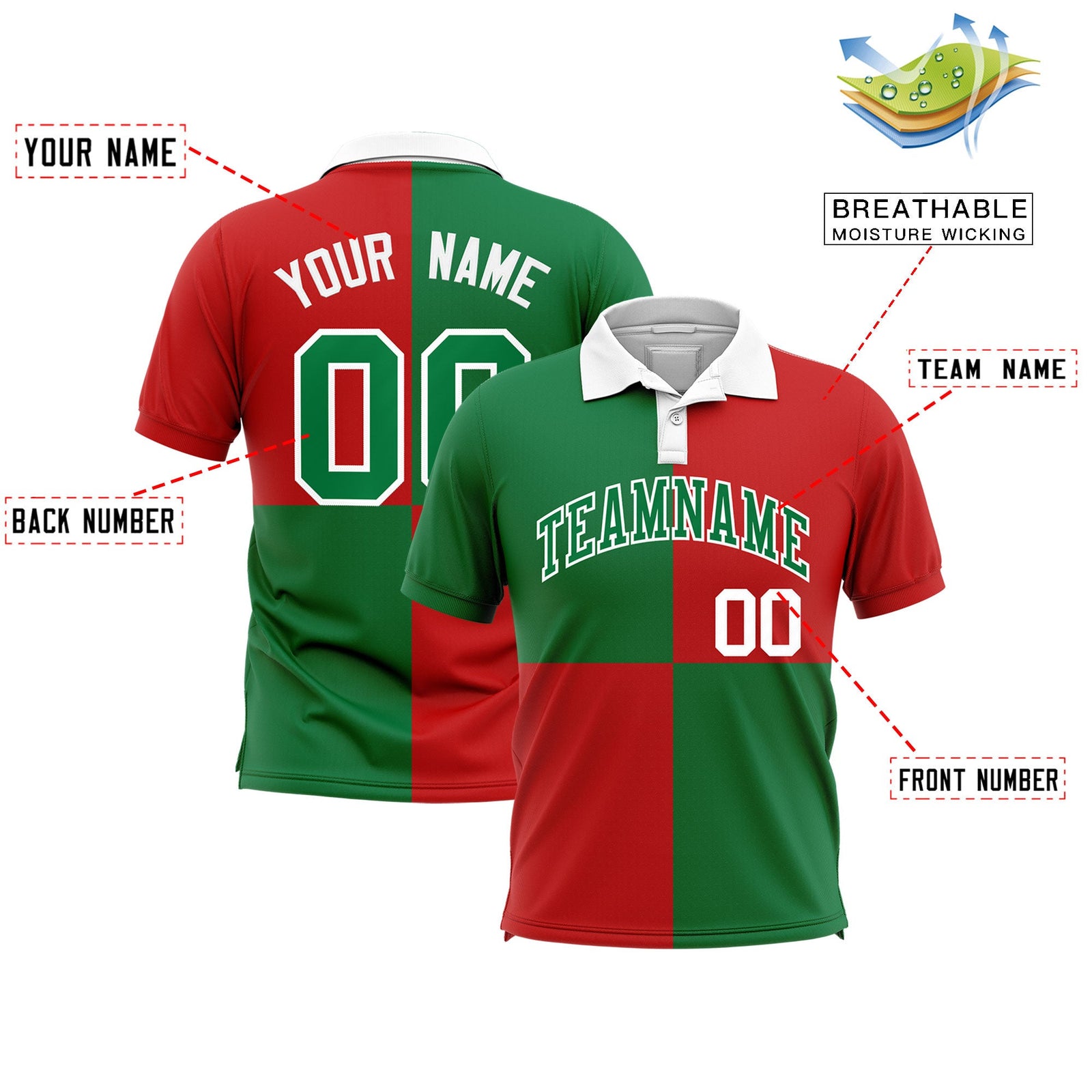 Custom Kelly Green Red Four Squares Design Performance Polo Shirt