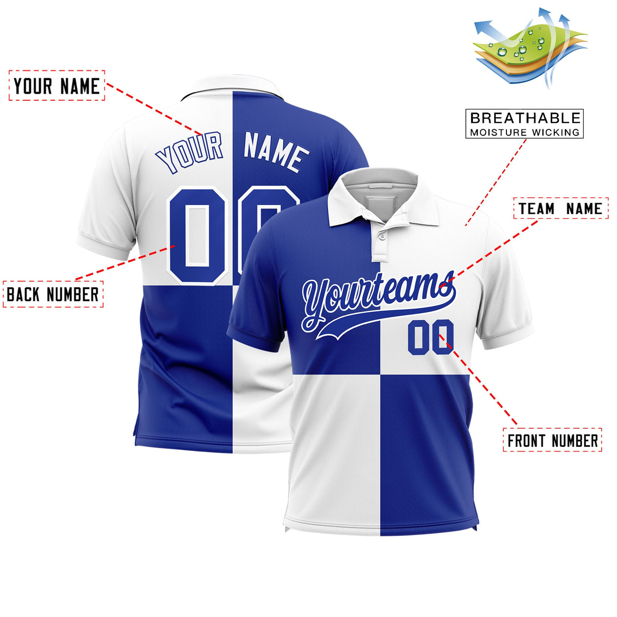 Custom White Royal Four Squares Design Performance Polo Shirt