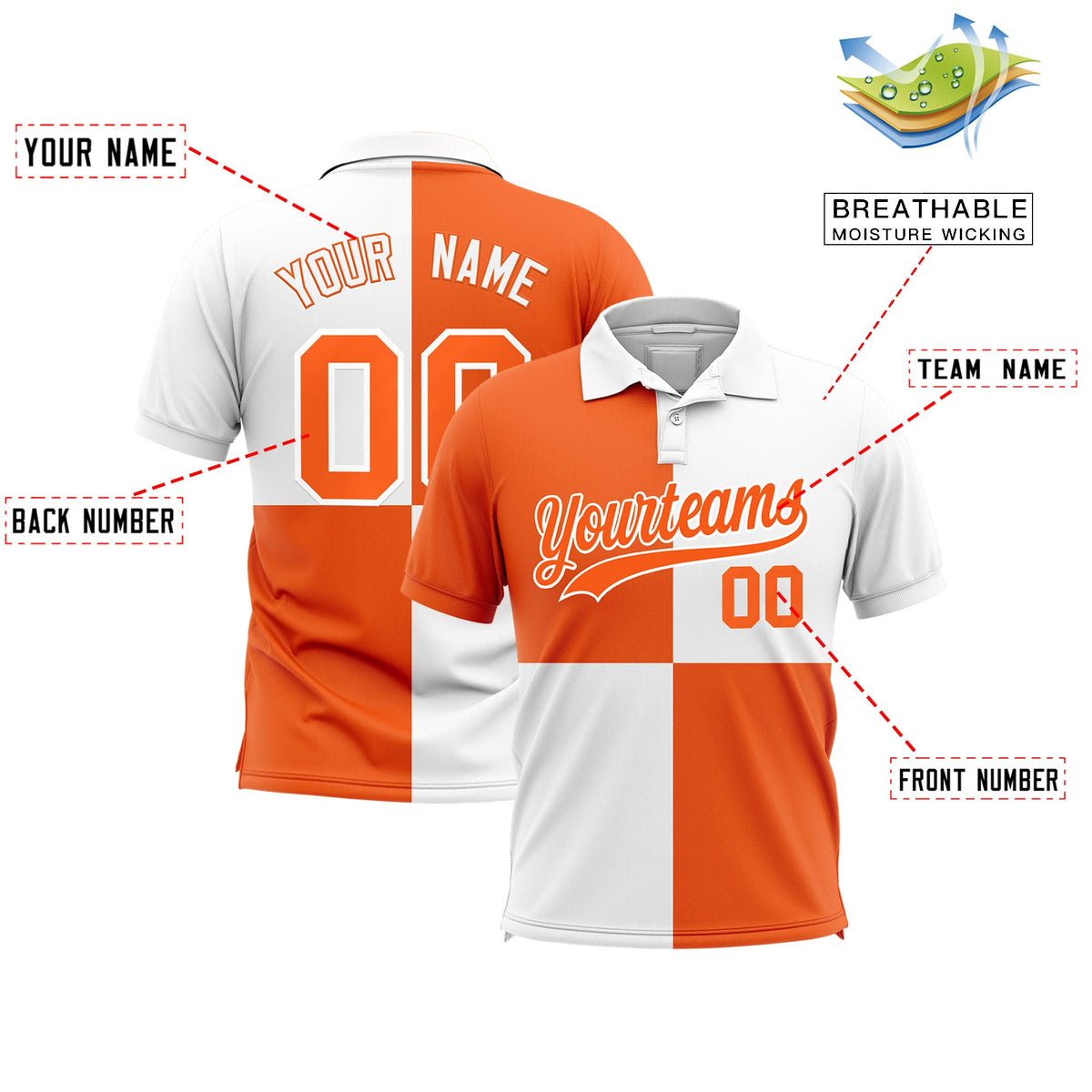 Custom White Orange Four Squares Design Performance Polo Shirt