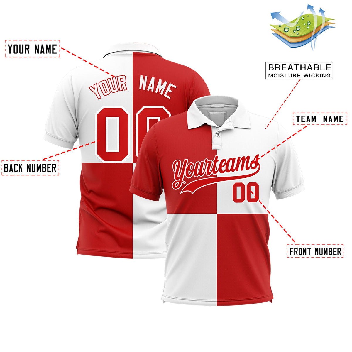 Custom White Red Four Squares Design Performance Polo Shirt