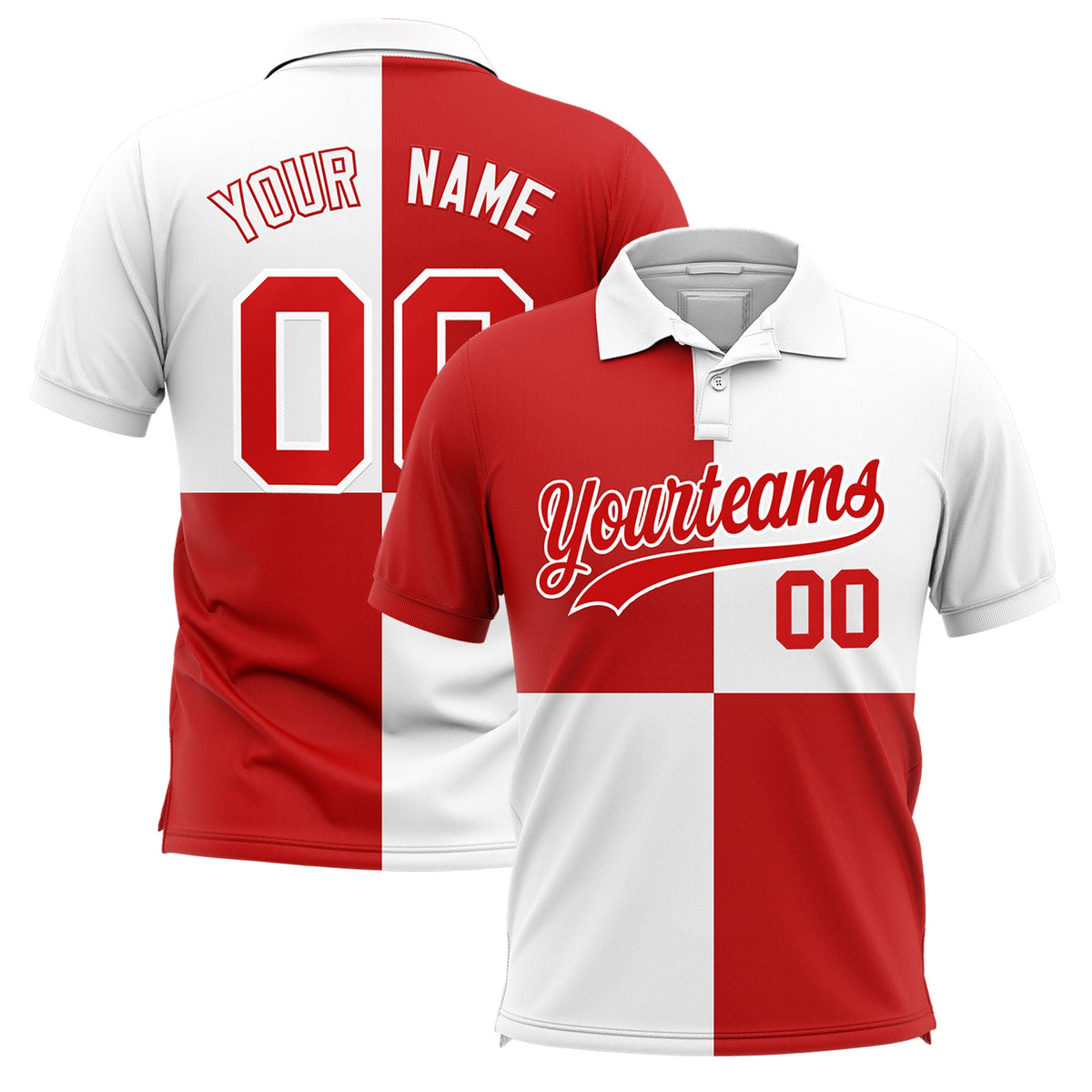 Custom White Red Four Squares Design Performance Polo Shirt