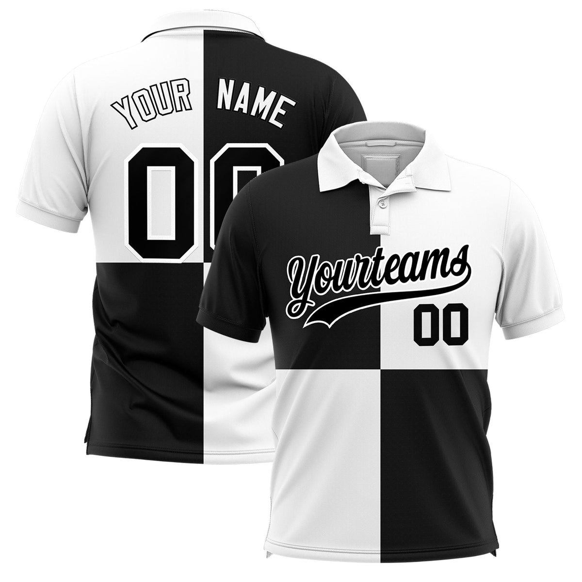 Custom White Black Four Squares Design Performance Polo Shirt