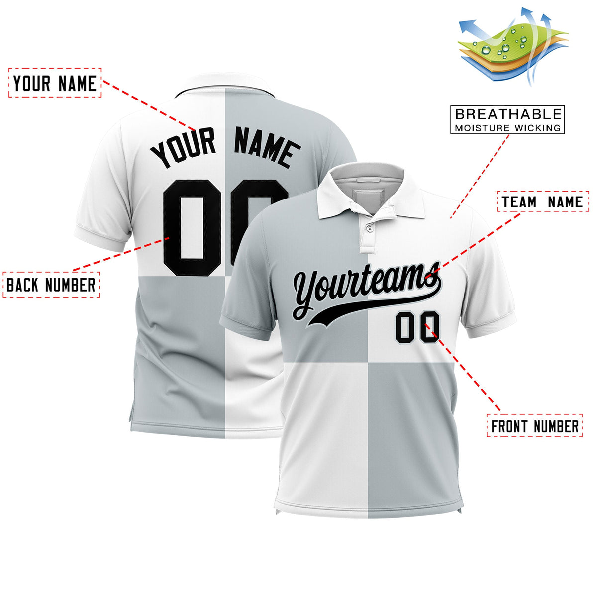 Custom Silver White Four Squares Design Performance Polo Shirt