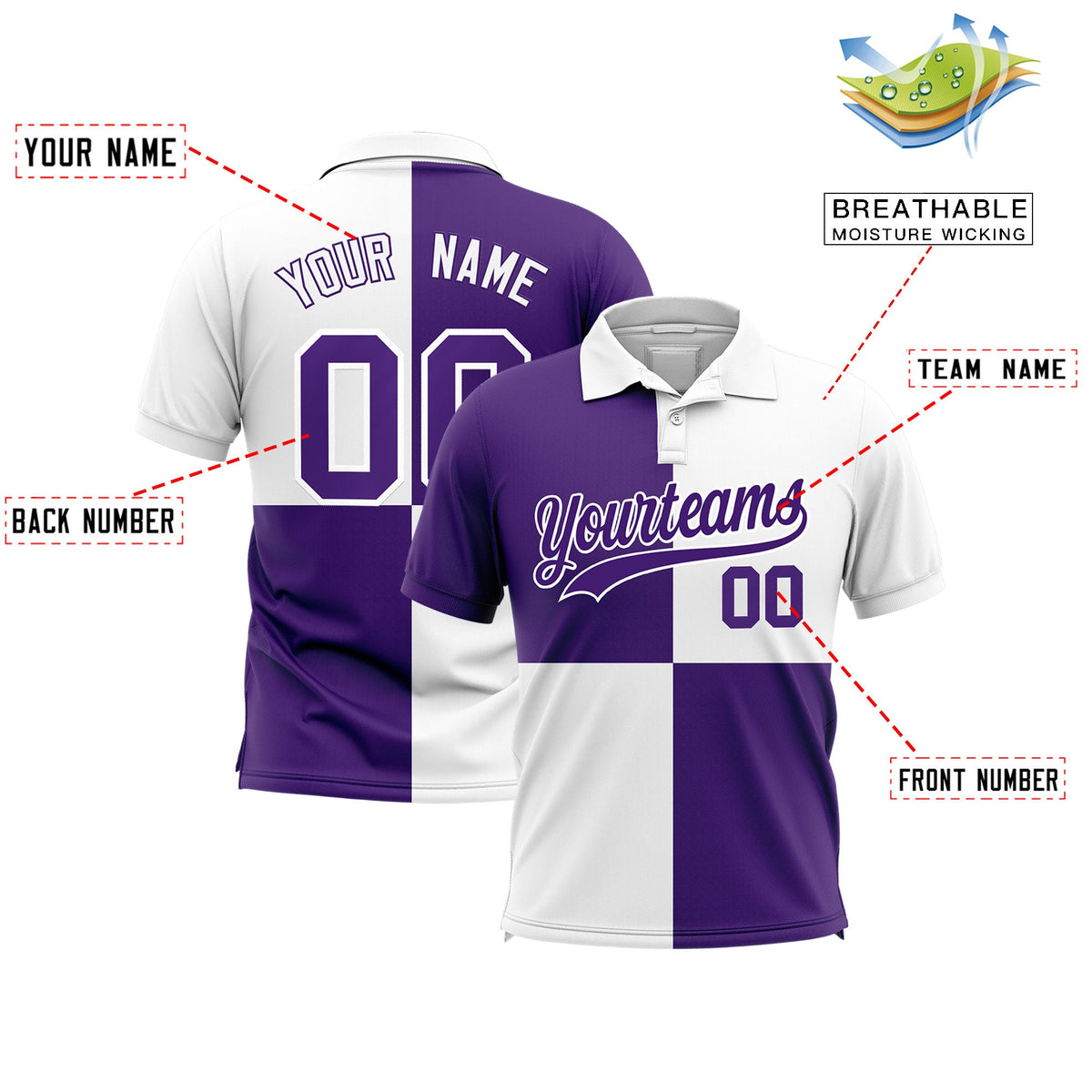 Custom Purple White Four Squares Design Performance Polo Shirt
