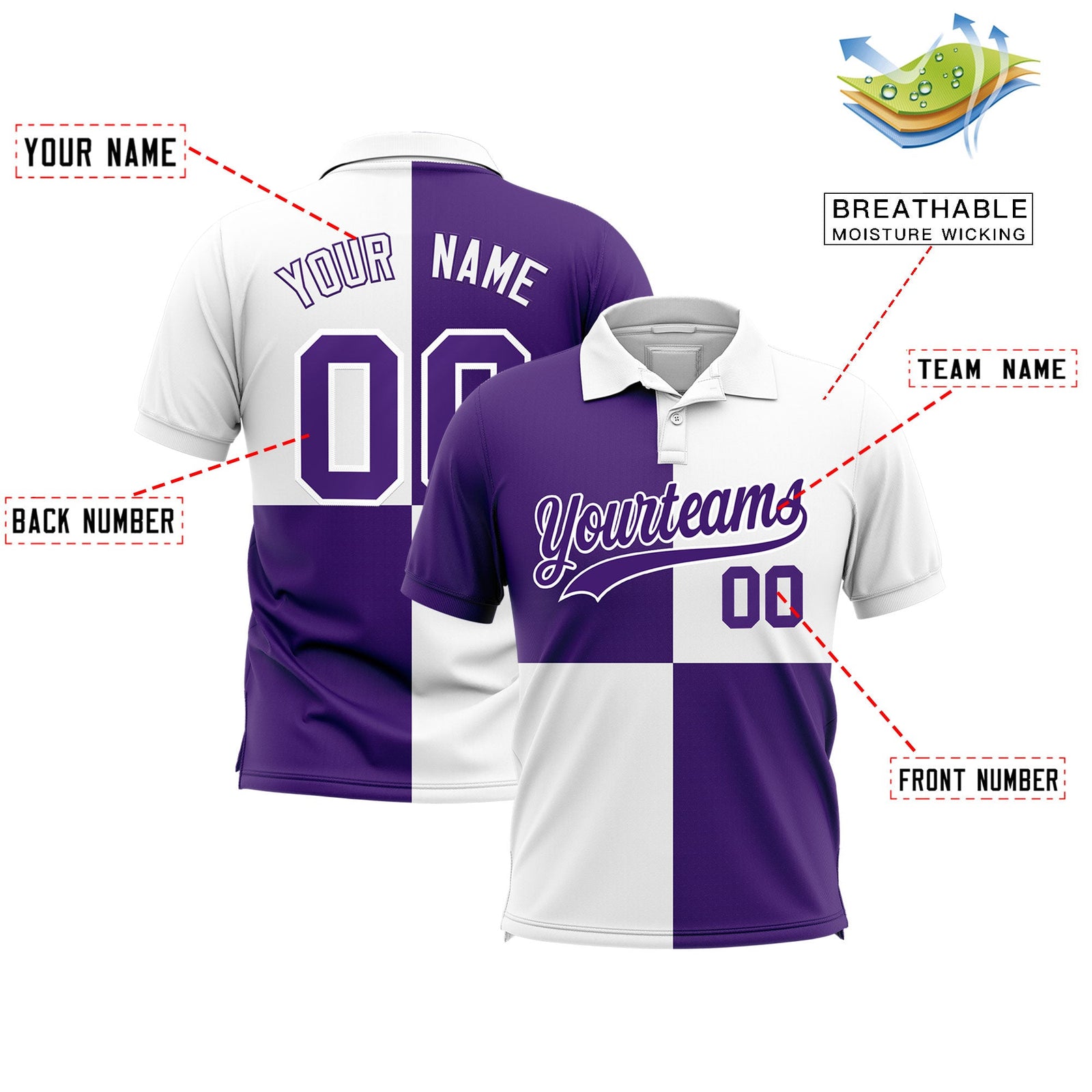 Custom Purple White Four Squares Design Performance Polo Shirt