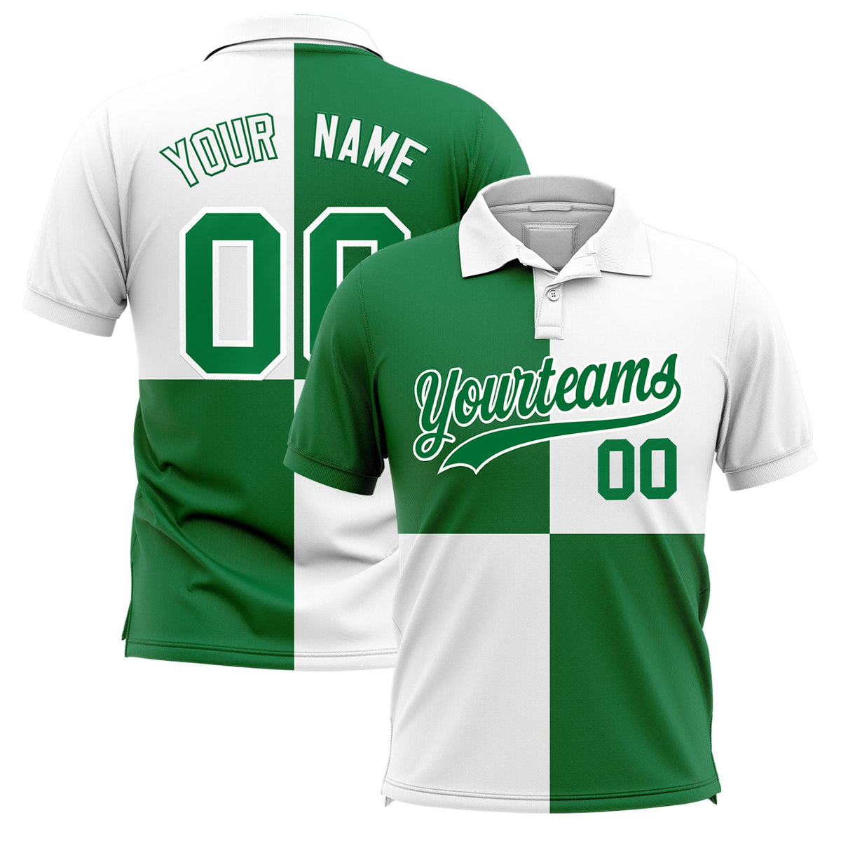 Custom Kelly Green White Four Squares Design Performance Polo Shirt