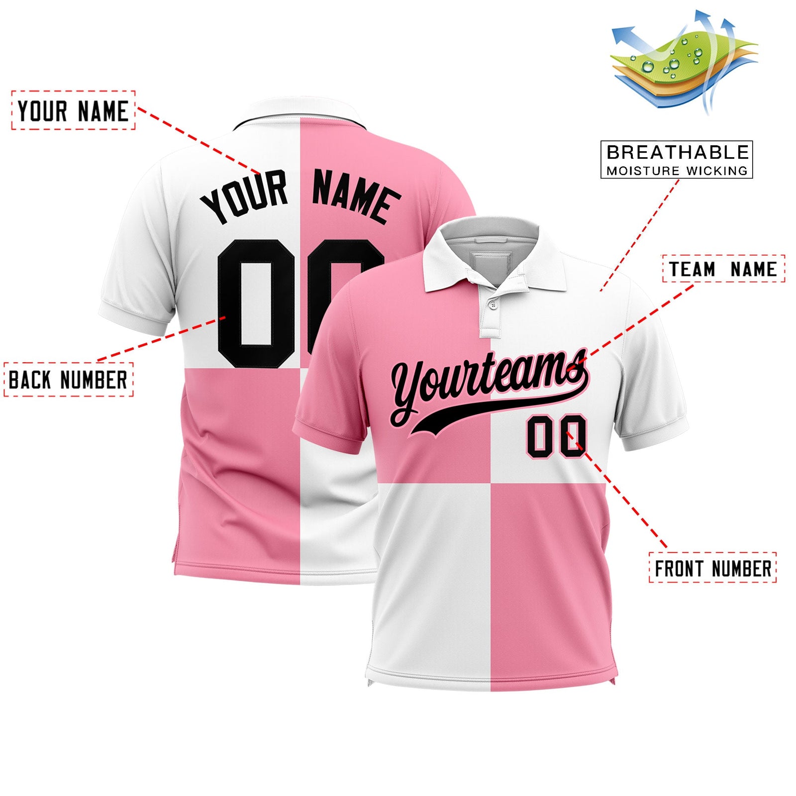 Custom Light Pink White Four Squares Design Performance Polo Shirt