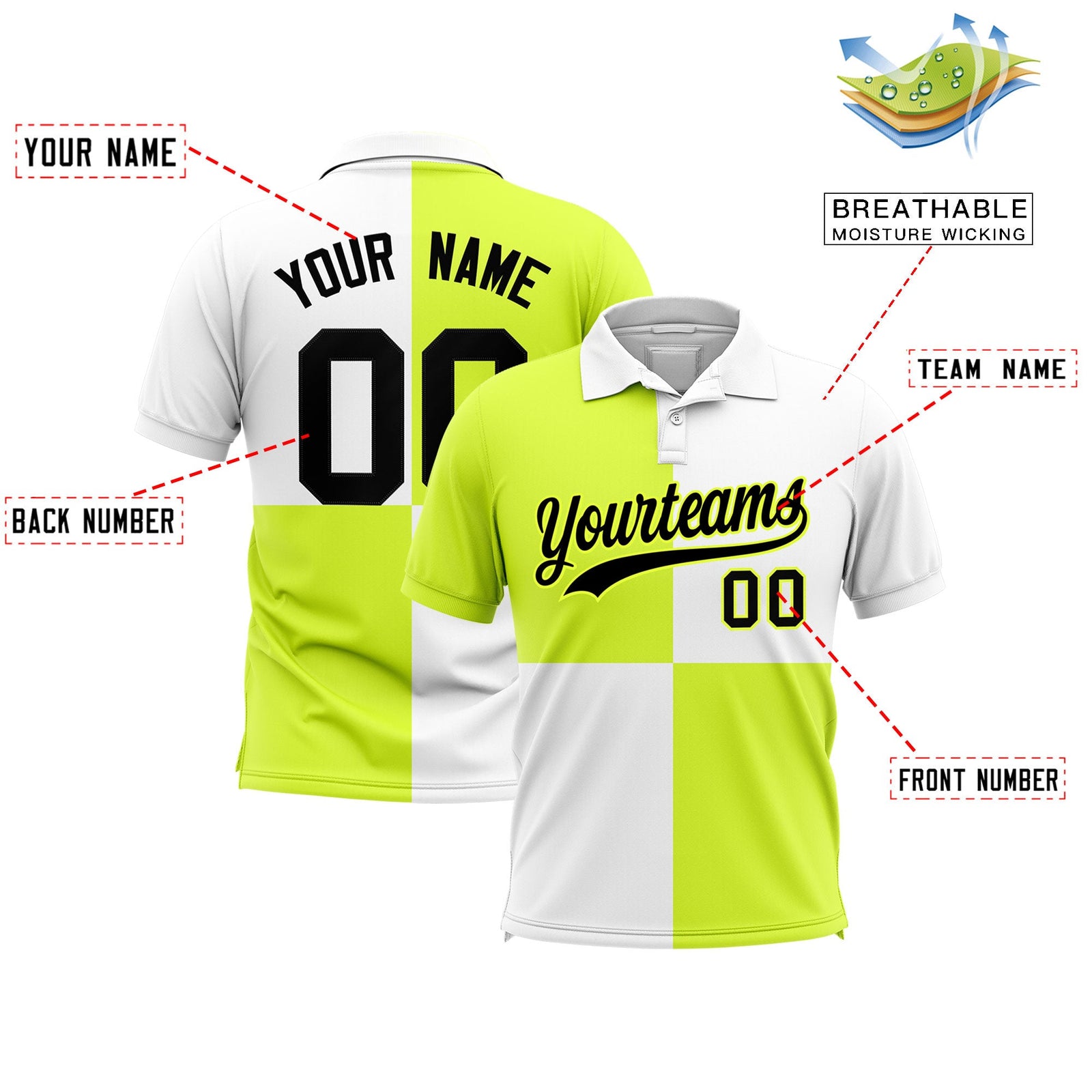 Custom Fluorescent Green White Four Squares Design Performance Polo Shirt