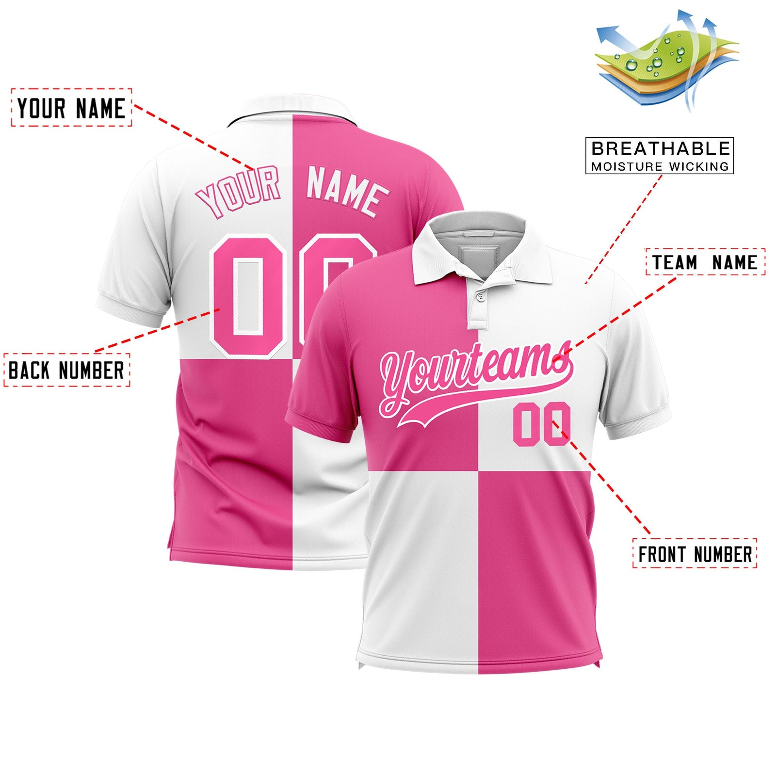 Custom Pink White Four Squares Design Performance Polo Shirt