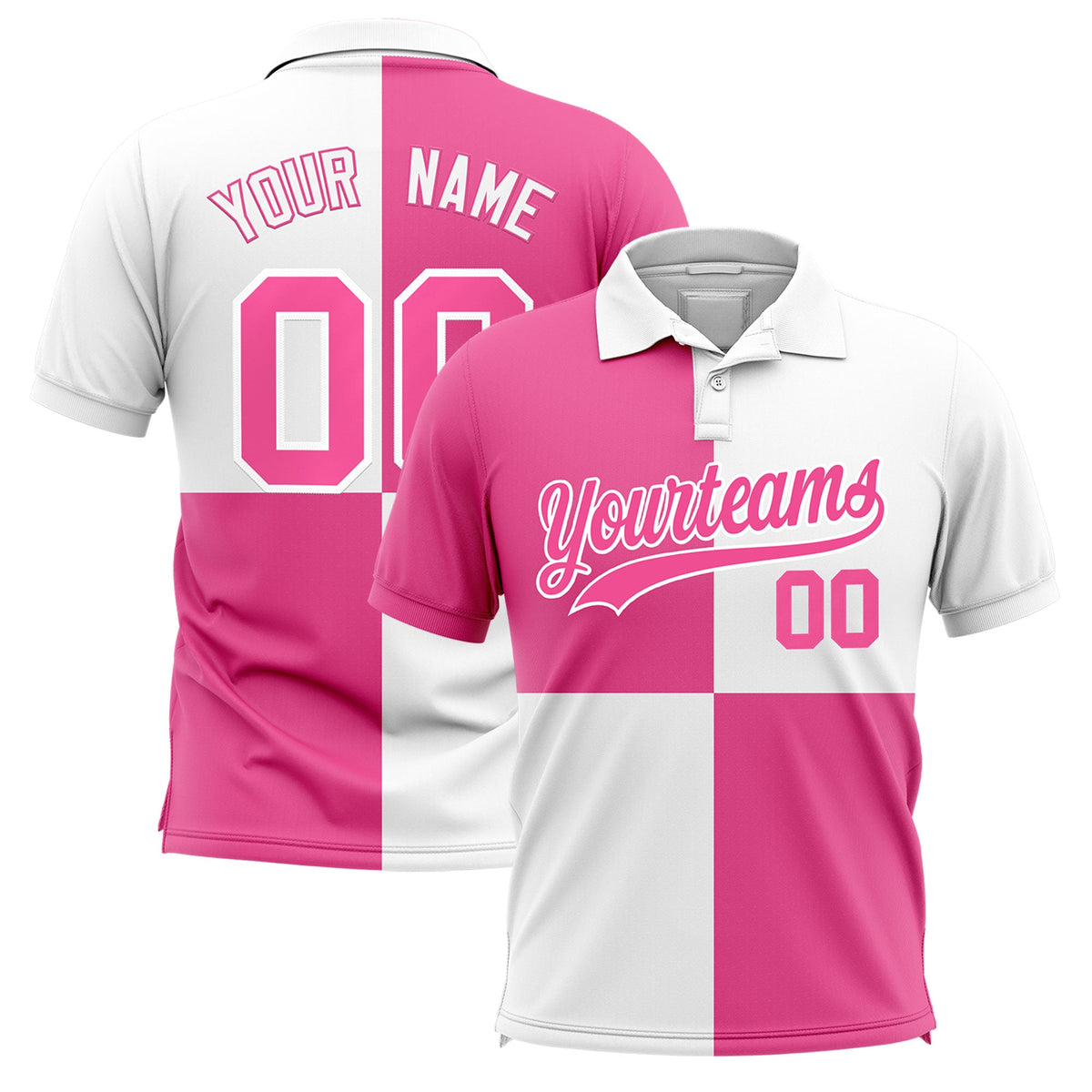 Custom Pink White Four Squares Design Performance Polo Shirt