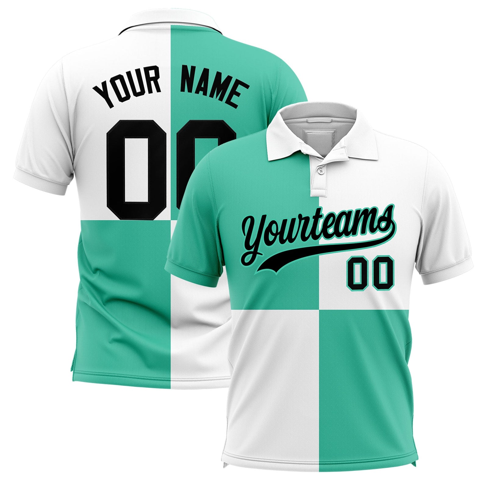 Custom Bright Green White Four Squares Design Performance Polo Shirt