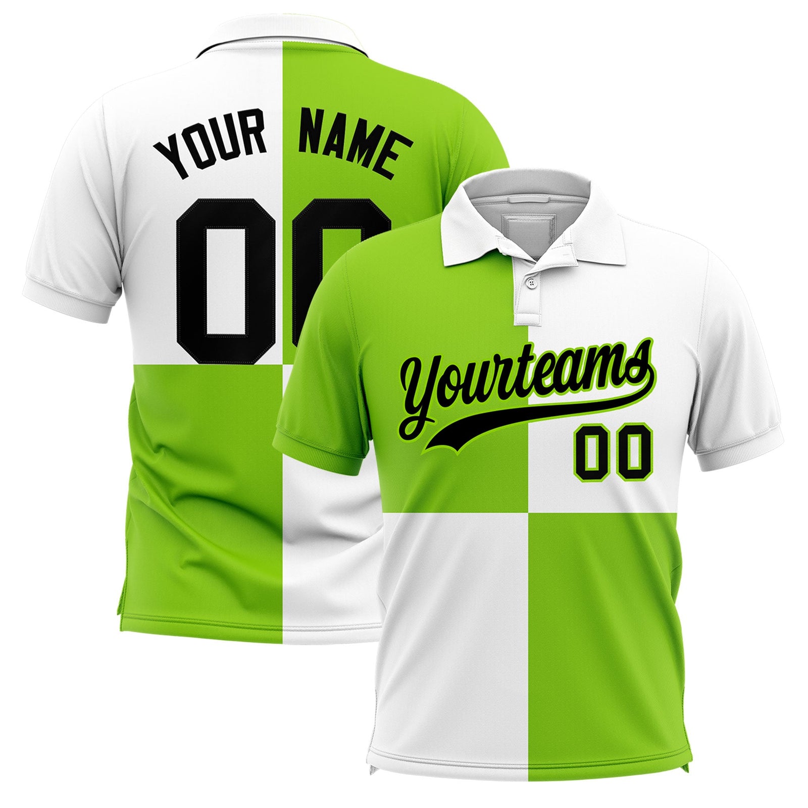 Custom Neon Green White Four Squares Design Performance Polo Shirt