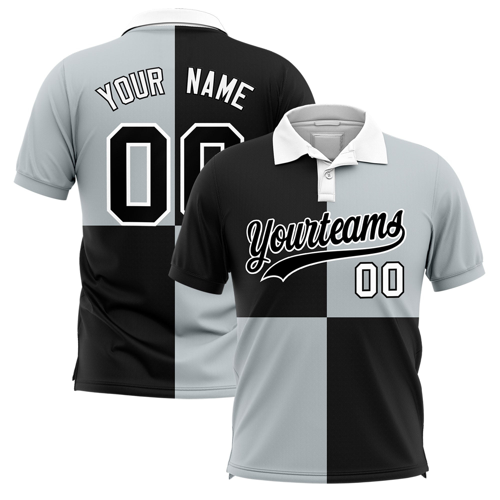Custom Black Silver Four Squares Design Performance Polo Shirt