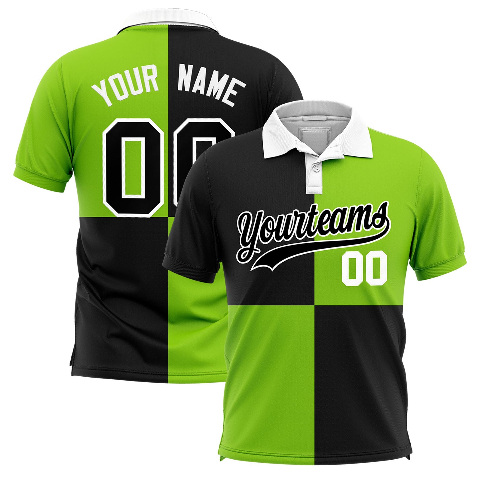Custom Black Neon Green Four Squares Design Performance Polo Shirt