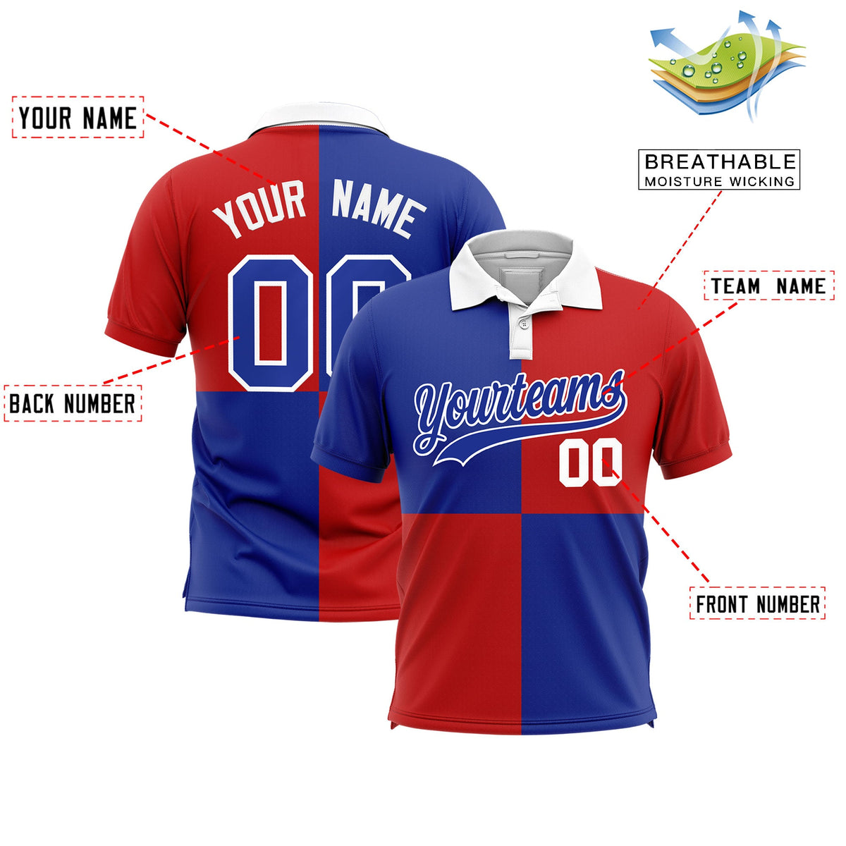 Custom Royal Red Four Squares Design Performance Polo Shirt