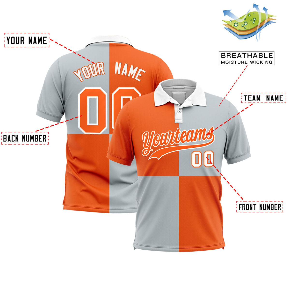 Custom Orange Silver Four Squares Design Performance Polo Shirt