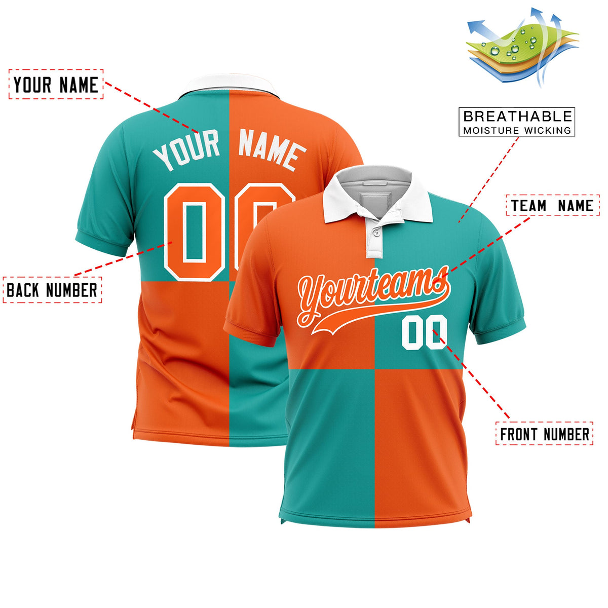 Custom Orange Aqua Four Squares Design Performance Polo Shirt