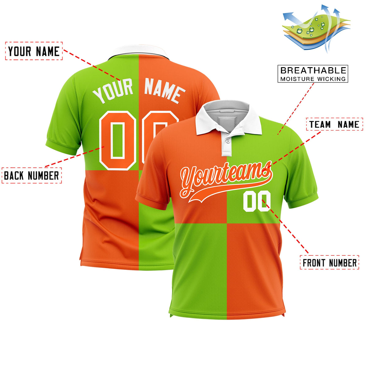 Custom Orange Neon Green Four Squares Design Performance Polo Shirt