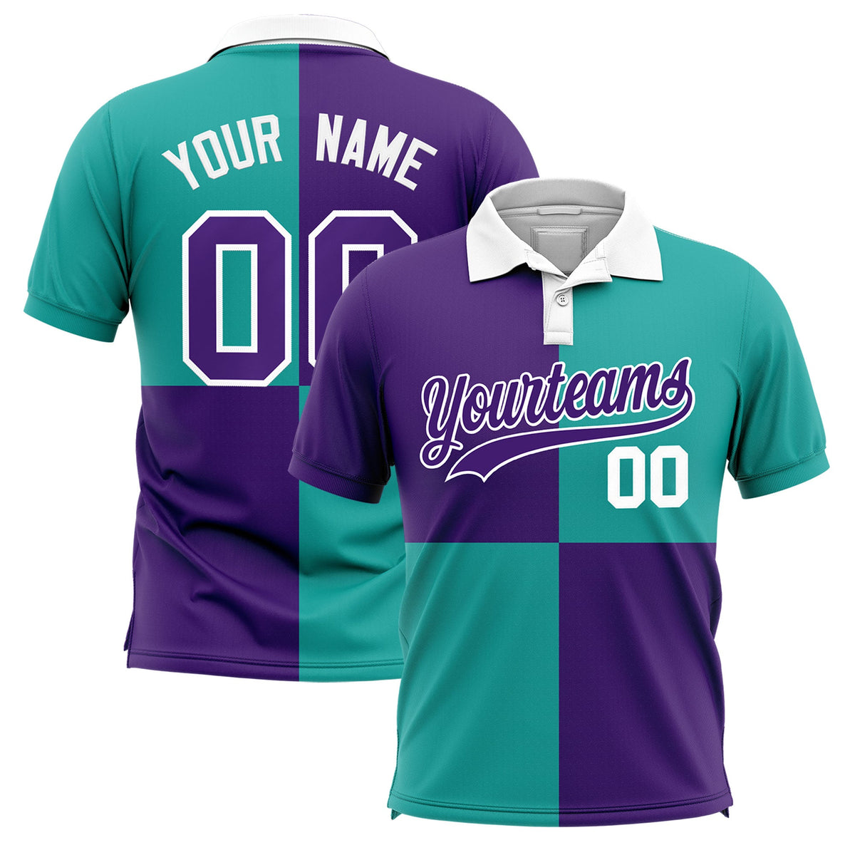 Custom Purple Aqua Four Squares Design Performance Polo Shirt