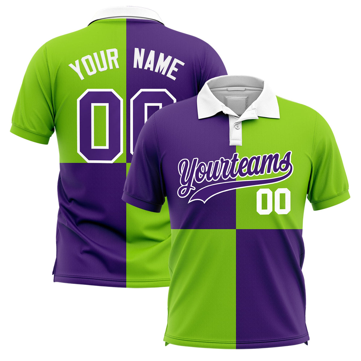 Custom Purple Neon Green Four Squares Design Performance Polo Shirt