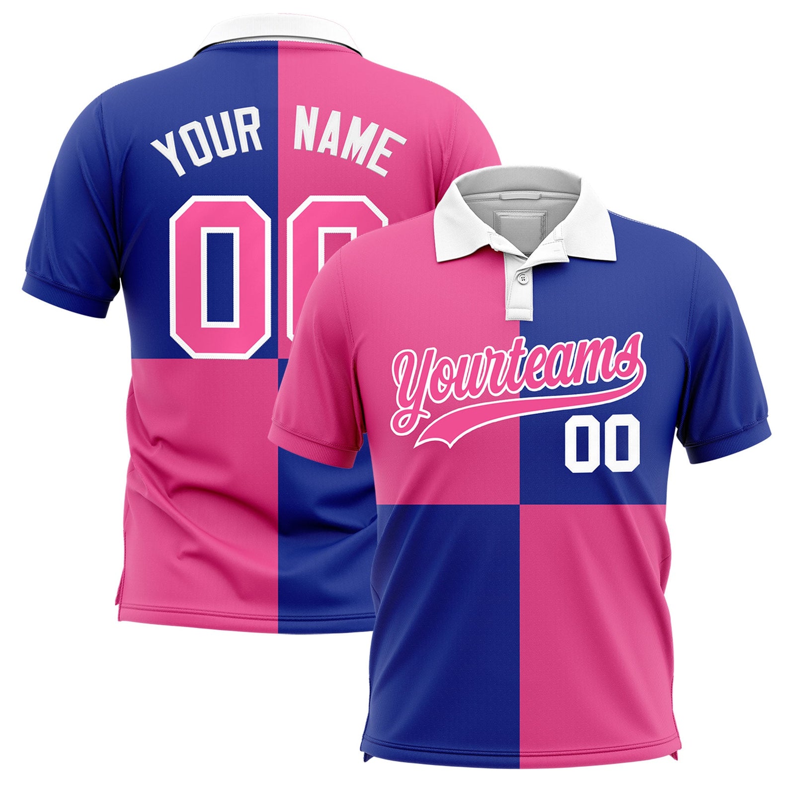 Custom Pink Royal Four Squares Design Performance Polo Shirt