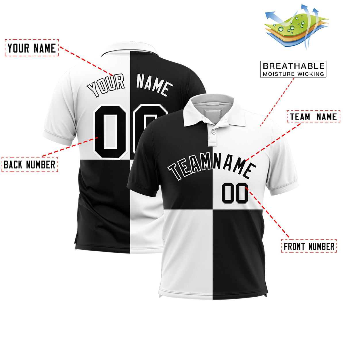 Custom White Black Four Squares Design Performance Polo Shirt