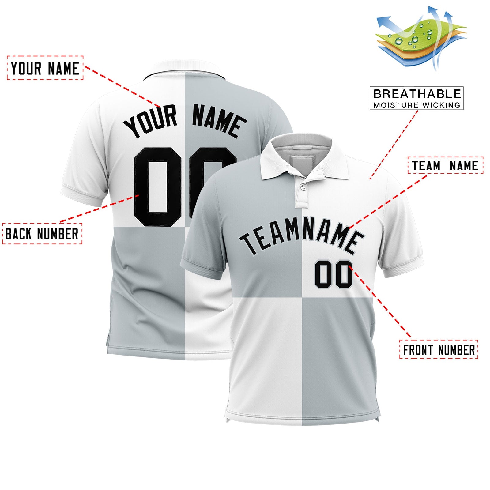 Custom Silver White Four Squares Design Performance Polo Shirt