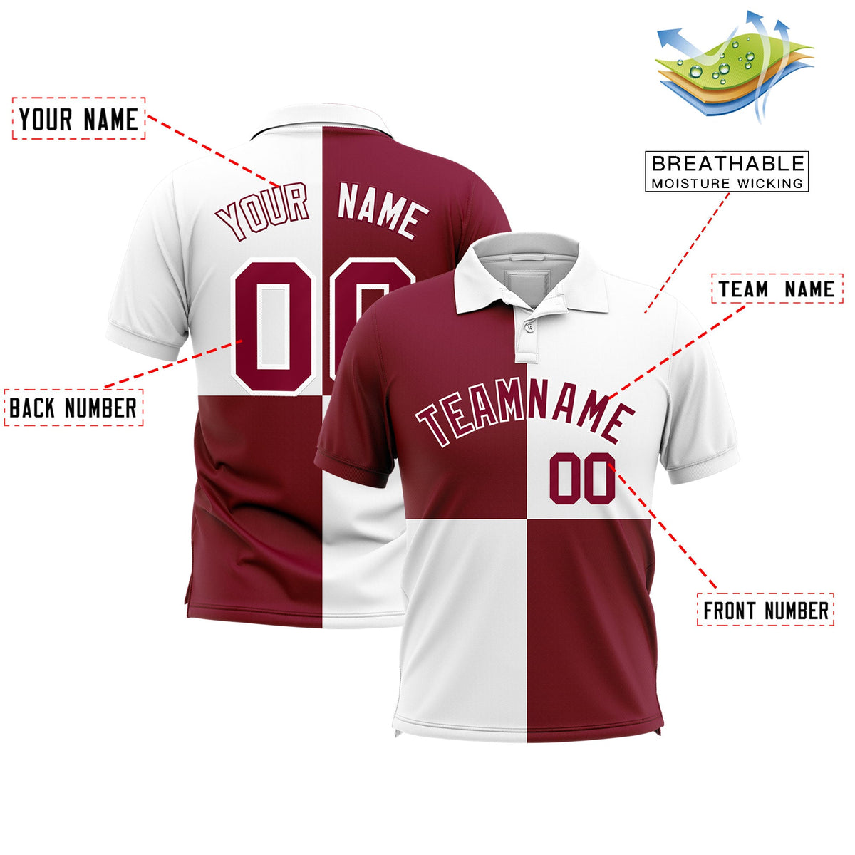 Custom Crimson White Four Squares Design Performance Polo Shirt