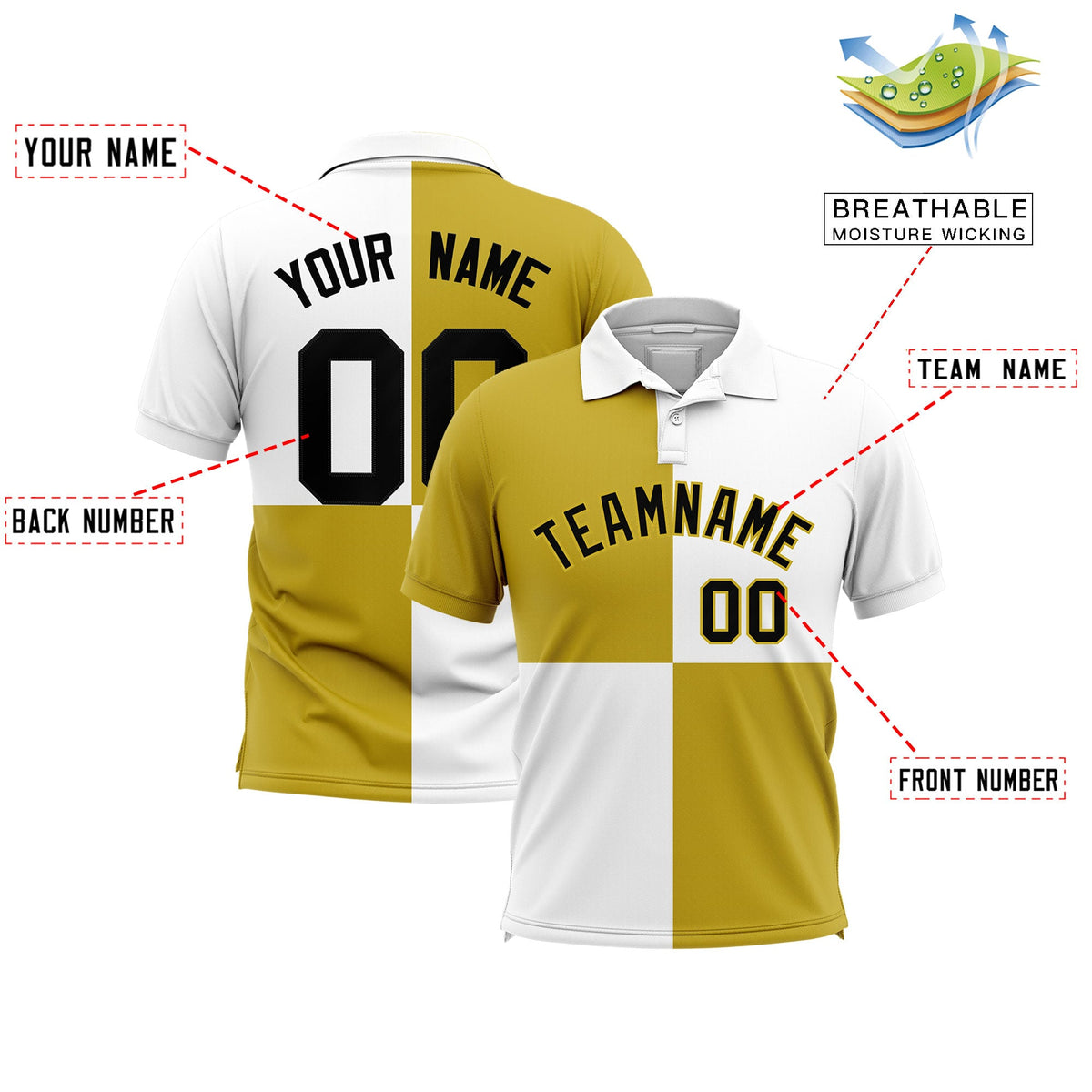 Custom Old Gold White Four Squares Design Performance Polo Shirt