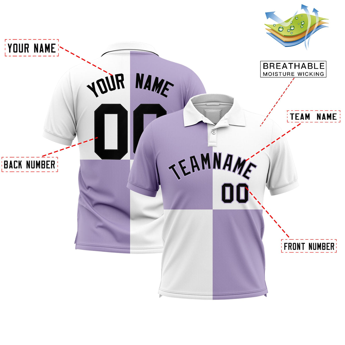 Custom Light Purple White Four Squares Design Performance Polo Shirt