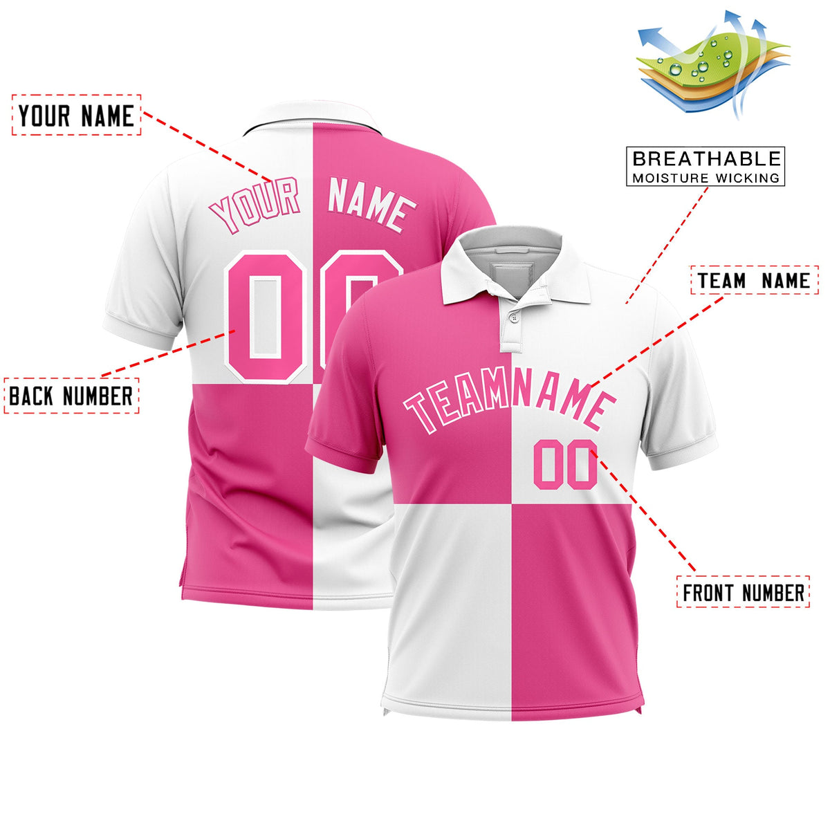 Custom Pink White Four Squares Design Performance Polo Shirt