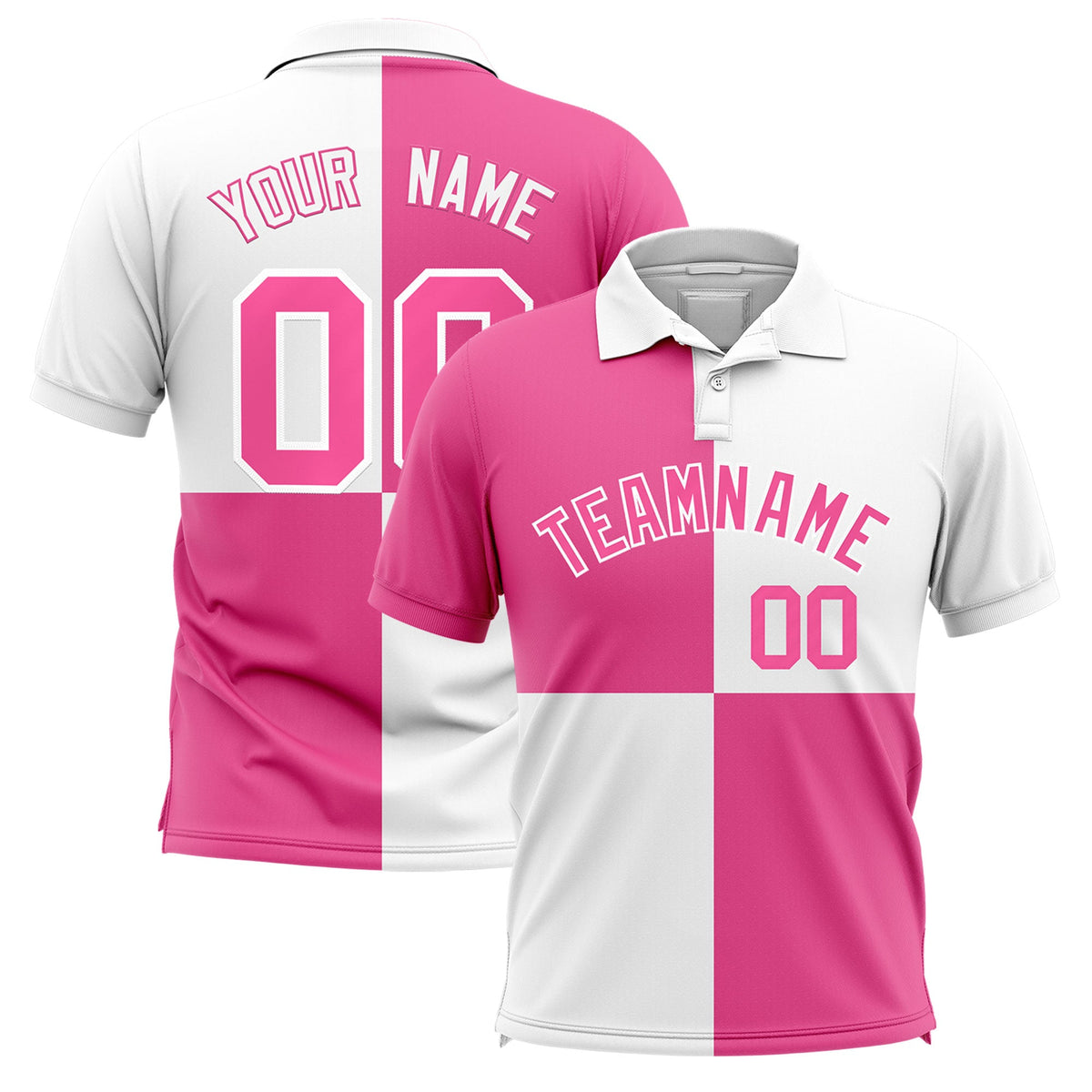Custom Pink White Four Squares Design Performance Polo Shirt